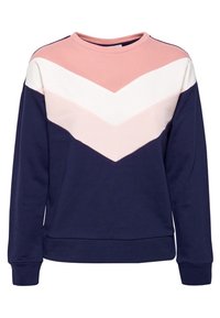 Sudadera azul marino con un patrón de chevron rosa y blanco en el pecho. Tejido suave, mangas largas y un cuello redondo, con puños acanalados.