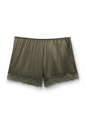 Olivově zelené dámské šortky s elastickým pasem a krajkovým lemováním kolem nohavic na bílém pozadí.