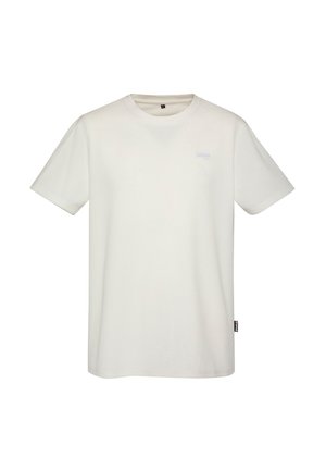 T-shirt blanc uni à manches courtes et col rond, avec une texture subtile, un petit logo de marque sur la poitrine gauche et une étiquette sur la couture latérale.