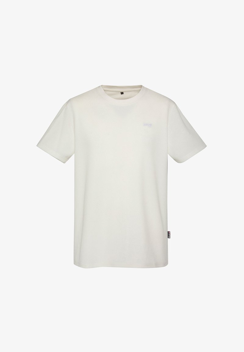 T-shirt blanc uni à manches courtes et col rond, avec une texture subtile, un petit logo de marque sur la poitrine gauche et une étiquette sur la couture latérale.