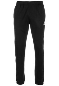 Pantalones de chándal negros con cintura elástica, diseño de pierna recta y un pequeño detalle de logo blanco en la parte superior izquierda. Material de algodón.