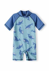Combinaison de plongée courte à manches courtes de couleur bleue avec un motif de baleines, fabriquée dans un matériau extensible et résistant à l'eau, avec un col haut et un design ajusté.