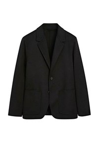Czarna marynarka wykonana z tkaniny fakturowanej, z klapami z wycięciem, pojedynczym zapięciem na guzik oraz dwoma przednimi kieszeniami. Prosty, dopasowany krój.