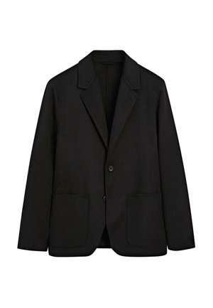 Czarna marynarka wykonana z tkaniny fakturowanej, z klapami z wycięciem, pojedynczym zapięciem na guzik oraz dwoma przednimi kieszeniami. Prosty, dopasowany krój.