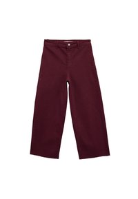 Burgunderfärgade vida jeans i bomullstyg. Har en dragkedja och en knappknäppning med en klassisk fem-ficksdesign.