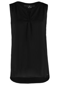 Blouse noire sans manches avec col rond et petit pli central, conçue pour un usage décontracté ou professionnel.