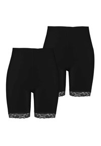 Zwarte shapewear shorts met een rekbare elastische tailleband, voorzien van kant aan de onderrand en een gladde, gestructureerde stof. Twee paar inbegrepen.