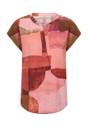 Short-sleeve blouse with abstract pink, red, and brown geometric pattern and a split V-neck collar.