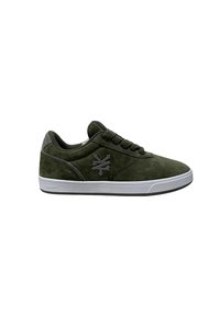 Dark green suede sneakers with a white rubber sole, featuring a gray accent on the heel and a black logo on the side.