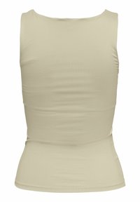 Top sin mangas beige hecho de una tela suave y elástica. Presenta un escote redondeado y una silueta ajustada, con costuras mínimas y una textura suave.