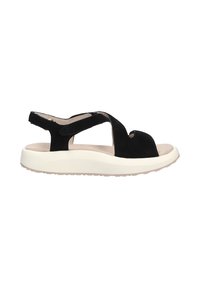 Sandali neri in suede con suola bianca ammortizzata e design aperto, caratterizzati da fasce incrociate e supporto per il tallone posteriore.