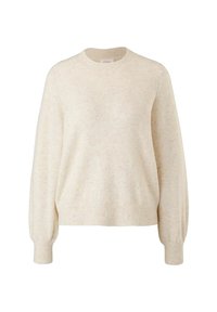 Cremefarbener, langärmeliger Strickpullover mit gerippten Bündchen, Saum und Rundhalsausschnitt, auf einem weißen Hintergrund präsentiert.