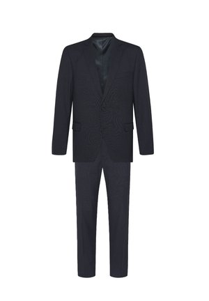 Dunkel marineblauer Herrenanzug zweiteilig mit einreihigem Sakko und passenden schmal zulaufenden Hosen auf weißem Hintergrund.