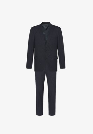 Donkerblauw heren tweedelig pak met enkelrijige blazer en bijpassende taps toelopende broek op witte achtergrond.