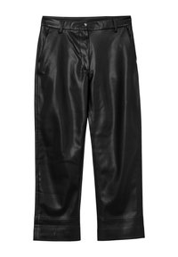 Pantaloni neri in ecopelle a vita corta con una texture liscia, tasche frontali, passanti per cintura e chiusura con un solo bottone in vita.