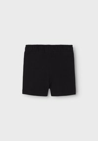 Black cotton shorts with an elastic waistband, featuring a simple, smooth texture and a classic, straight cut design.