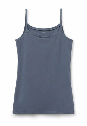Débardeur gris à fines bretelles, confectionné en tissu de coton lisse. Il présente un décolleté arrondi et un ourlet droit. Sans motifs ni ornements.