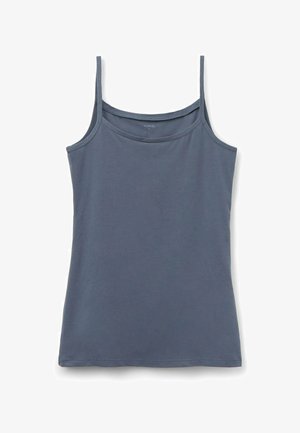 Débardeur gris à fines bretelles, confectionné en tissu de coton lisse. Il présente un décolleté arrondi et un ourlet droit. Sans motifs ni ornements.