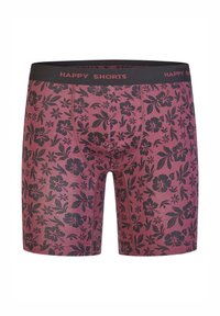Červeno-černé boxerky s květinovým vzorem a černým elastickým pasem, na kterém je vyšívaný nápis "ŠŤASTNÉ KRAŤASY".