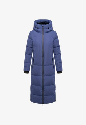 Langer blauer Daunenmantel mit Kapuze, Frontreißverschluss, schwarzen Akzenten, Seitentaschen und gerippten Bündchen. Verfügt über eine gesteppten Struktur.
