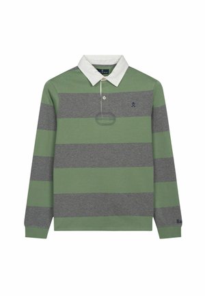 Groen en grijs gestreept poloshirt met lange mouwen en een witte kraag, voorzien van een knoopsluiting aan de hals en een klein geborduurd logo op de borst.
