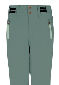 Lichtgroene, flexibele broek met twee ritssluitingen aan de voorkant, voorzien van bronzen knopen en zwart-witte gestreepte accenten op de tailleband.