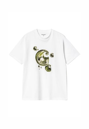 Hvid bomulds T-shirt med et blankt grønt grafik, der ligner bogstavet "G", med mindre cirkulære accenter i et flydende design.