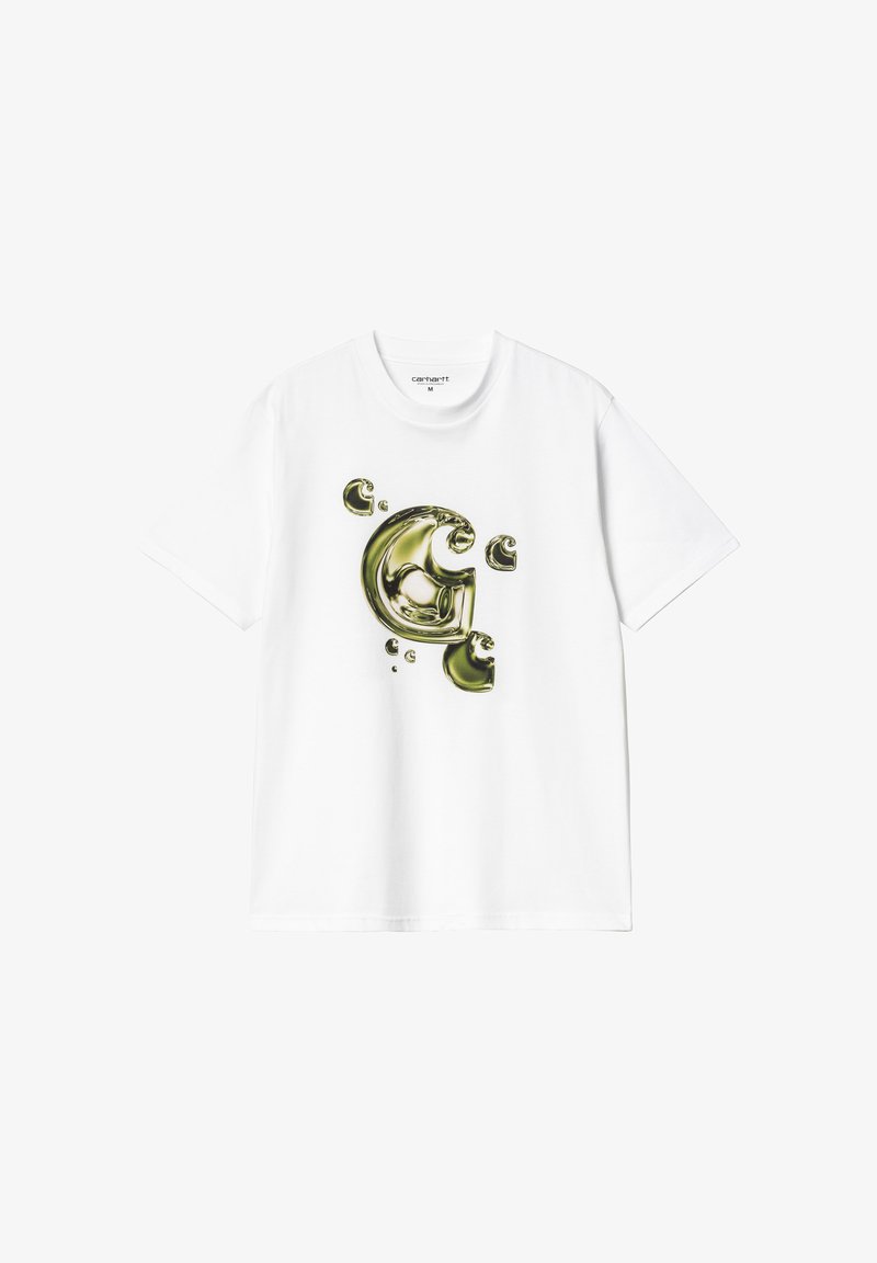 Camiseta de algodón blanca con un gráfico verde brillante que se asemeja a la letra "G" y pequeños acentos circulares en un diseño fluido.
