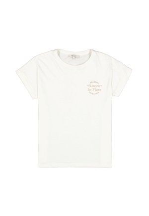 Kurzärmeliges, weißes T-Shirt mit Rundhalsausschnitt aus Baumwolle, mit hellbeigem Aufdruck, der "Amore In Fiore" lautet, und dekorativen Akzenten.