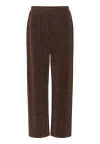 Bruine wijde broek gemaakt van een gestructureerde stof met metallic spikkels erdoorheen. Voorzien van een elastische tailleband voor comfort en gemak.