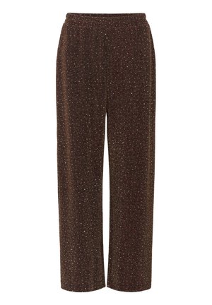 Bruine wijde broek gemaakt van een gestructureerde stof met metallic spikkels erdoorheen. Voorzien van een elastische tailleband voor comfort en gemak.