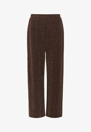 Pantalons larges marron en tissu texturé avec des paillettes métalliques. Comprend une taille élastique pour le confort et la facilité.