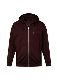 Burgundy zip-up hoodie with a drawstring hood, smooth fabric, front pockets, and an embossed logo on the chest. Features ribbed cuffs.