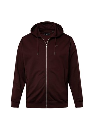 Bordowa bluza z kapturem na zamek, z regulowanym kapturem, gładkiego materiału, z kieszeniami z przodu oraz wytłoczonym logo na klatce piersiowej. Posiada ściągacze przy mankietach.