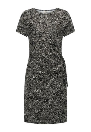 Schwarz-weißes kurzärmeliges Kleid mit Schmetterlings- und Blumenmuster, mit einem gerafften Detail auf der rechten Seite.