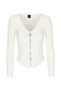 Cardigan bianco a coste con maniche lunghe, scollo a V profondo e sei bottoni di chiusura con ritagli circolari nella parte anteriore. Texture liscia.