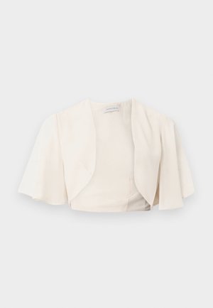 Cremefarbene, offene, verkürzte Jacke mit weitem, fließendem kurzen Ärmeln, entworfen für Frauen.