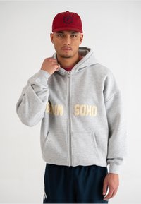 Felpa grigia con zip e scritta "Bain Soho" in lettere dorate. Tessuto morbido, vestibilità comoda, grandi tasche frontali e cappuccio con stringa.
