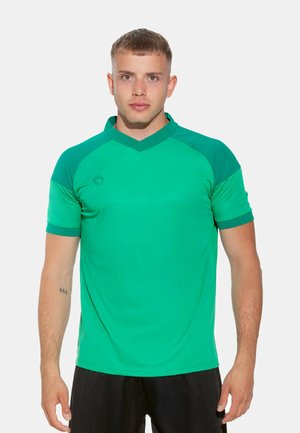 Green athletic t-shirt made of stretch fabric; features a V-neck design, short sleeves, and contrasting shoulder panels for added detail.