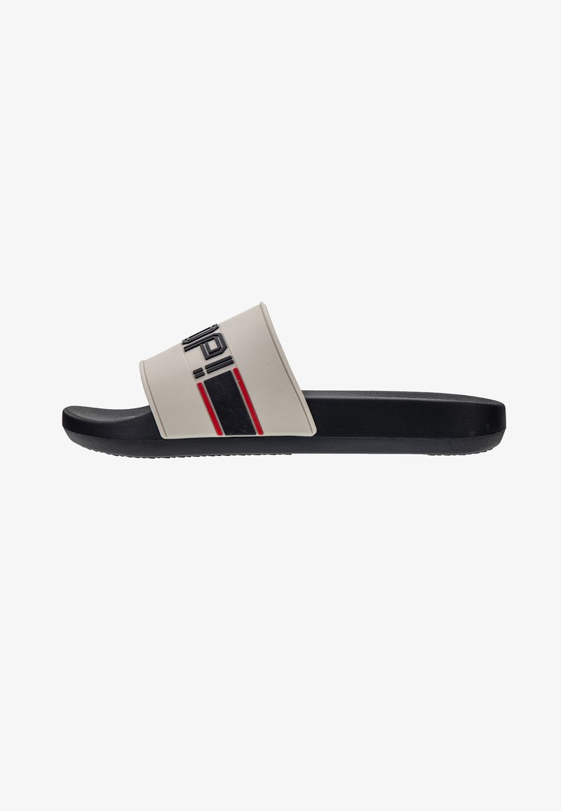 Slide sandal with a beige synthetic upper featuring black and red horizontal stripes. Textured black sole for grip.