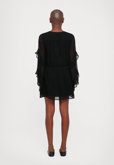 Black chiffon dress featuring long, layered sleeves, a cinched waist, and a short, flowy skirt. Smooth texture and lightweight material.