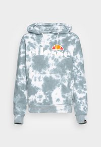 Jasnoniebieska bluza tie-dye z białymi akcentami, posiadająca przednią kieszeń, kaptur z sznurkiem oraz duże logo „ellesse” z kolorową grafiką słońca.