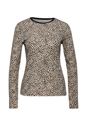 Pitkähihainen beige neule, jossa on mustia leopardipilkkuja, musta kaula-aukko ja vartalonmyötäinen malli. Pehmeä, tekstuuri pinta.