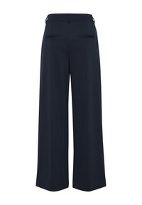 Navy blue wide-leg trousers with high waist, belt loops, and two back slit pockets.