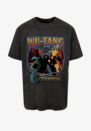 Black cotton t-shirt featuring a graphic design with "Wu-Tang Clan" and "36 Chambers" in colorful text, surrounded by stylized imagery.