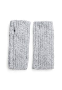 Mânuși de braț tricotate gri, cu textură côtată, deschise la degetul mare. Material moale, design lung, oferind acoperire pentru antebraț.