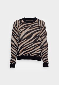 Maglione lavorato a maglia con motivo a strisce zebrate in nero, crema e beige, con colletto e polsini a costine. Tessuto morbido e vestibilità rilassata.