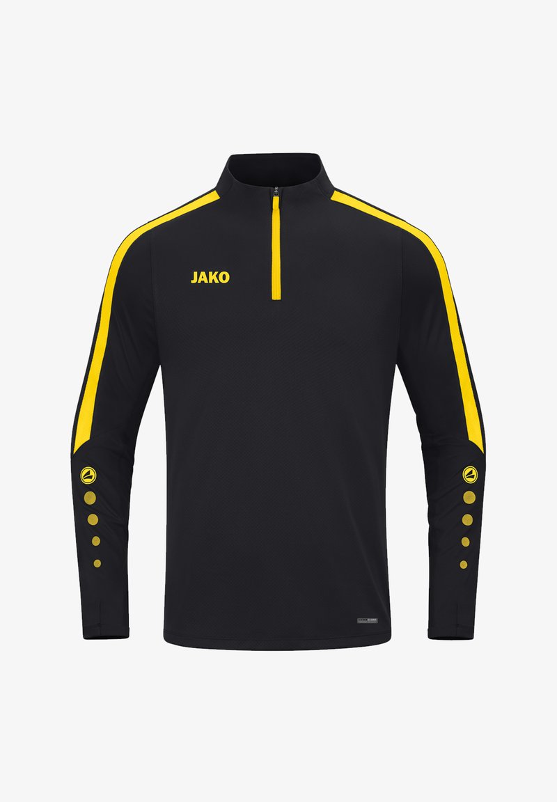 Pullover atletico nero con mezza cerniera, strisce gialle lungo le spalle e le maniche, e bottoni dorati tondi sui polsini.