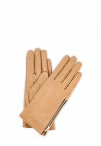 Rękawiczki ze skóry w kolorze jasnobrązowym o gładkiej fakturze, wyposażone w zamek błyskawiczny po jednej stronie. Zaprojektowane na przylegające noszenie, z długimi palcami i minimalistycznym stylem.