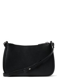 Borsa a tracolla nera in pelle con finitura texturizzata, chiusura con zip e tracolla regolabile. Presenta un design semplice e elegante con hardware minimale.
